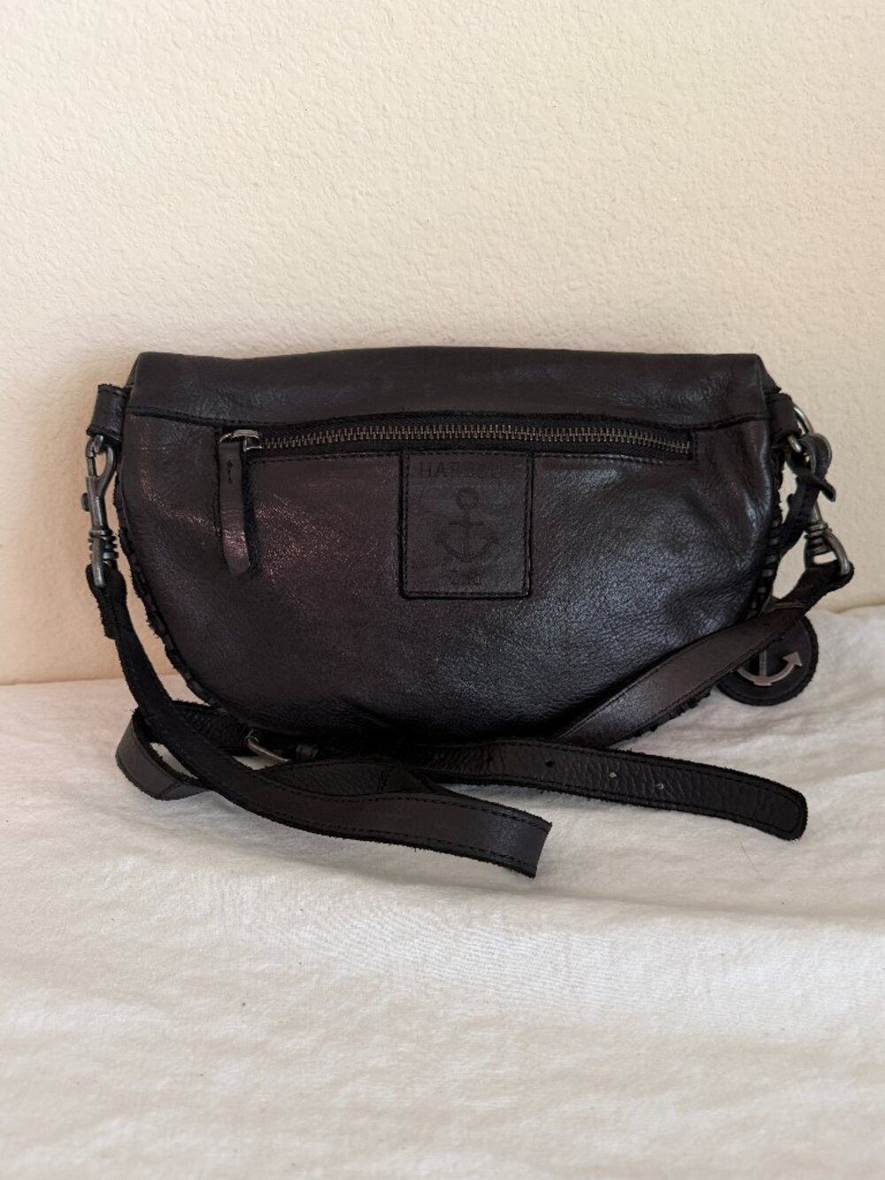 Harbour 2nd Leather Half Moon Belt Bag Crossbody Bag Black Boho Woven Texture - Picture 13 of 16